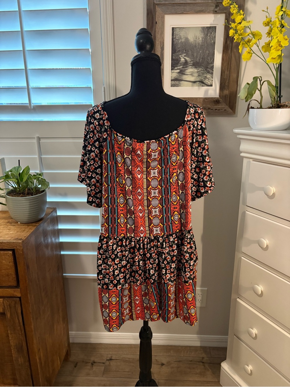 Haptics Boho Floral Patchwork Square Neck Babydoll Top in Black Multi, 1X - Picture 2 of 7